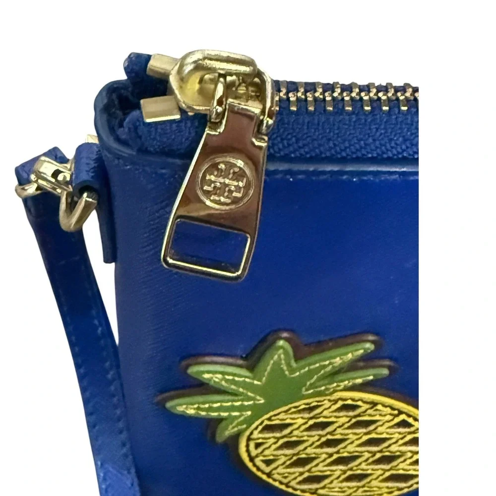Tory Burch Wristlet Cobalt Blue Saffiano Leather Pineapple Zip Clutch Wallet Bag